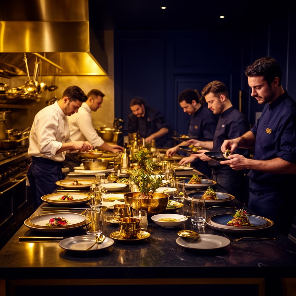 Chefs preparando pratos gourmet em cozinha profissional